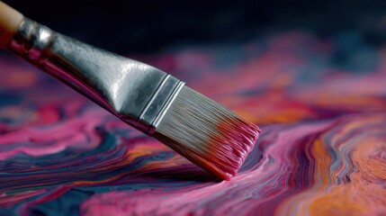 Fototapeta premium Brush on Colorful Abstract Surface with Swirls of Pink, Blue, and Purple Paint in Artistic Expression and Creative Process of Painting