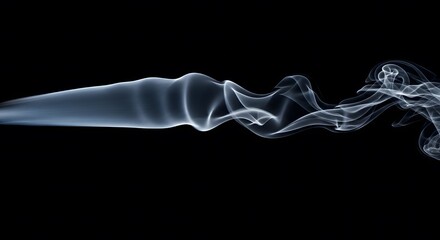 Naklejka premium Light blue smoke stream on black background, abstract shape, wispy trails