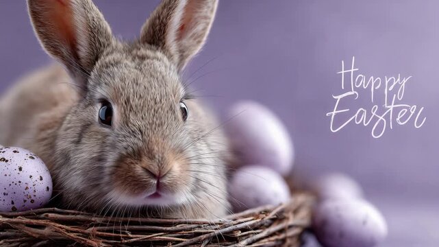 A charming Easter bunny nestled amongst decorative eggs in a nest, the scene evoking springtime and the joy of the holiday.
