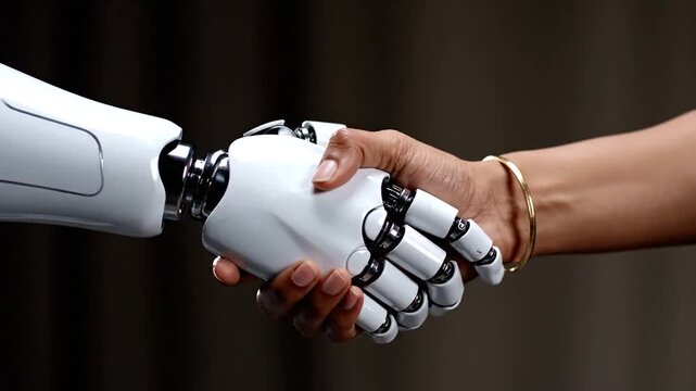 Robot and human handshaking together.