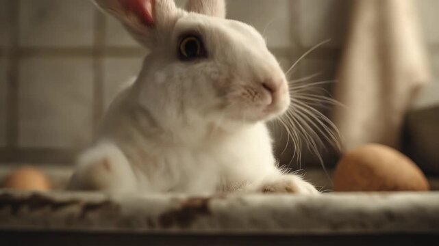An adorable bunny with its long ears and whiskers, situated in a kitchen setting with eggs, a symbol of Easter. 