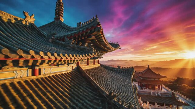 Golden Sunset Over Traditional Chinese Pagoda Rooftops, Majestic Architecture
