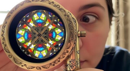 Close-up of a person holding a vintage kaleidoscope to their eye, colorful geometric patterns reflected in the lens, soft natural light, detailed focus, artistic and creative mood.