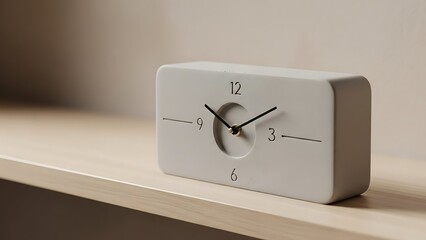 Minimalist oft alarm clock in white color isolated on a wooden surface 