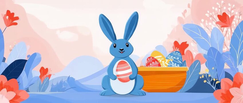 A charming easter bunny image, with a delightful basket full of painted eggs in a colorful, spring-inspired scene, evoking the joy and freshness of the season.