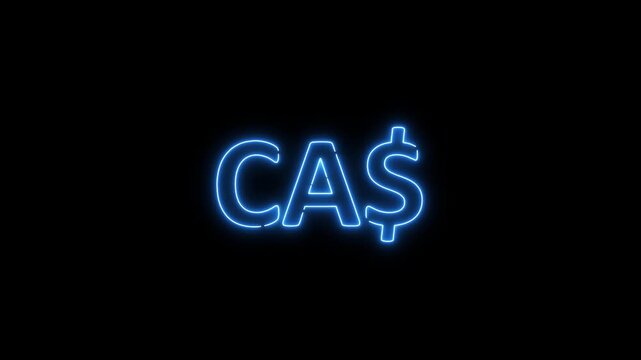 Glowing Neon light CA$ Sign Symbol animation on black background. Business and finance conceptual neon light CA$ icon animation.