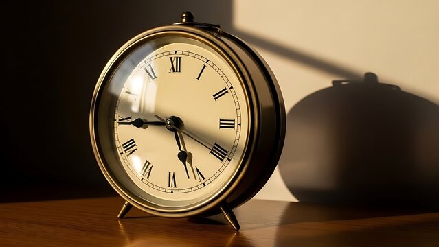 Small decent alarm clock on a wooden surface create shadow on the wall 