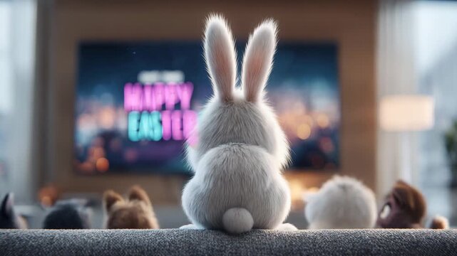 A cute rabbit sits comfortably on the couch, immersed in an enchanting television show, with cozy home vibes and a cheerful Easter vibe.