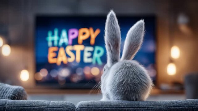 An adorable bunny, eagerly watching television. Happy Easter message on screen. A heartwarming scene of holiday joy and anticipation.