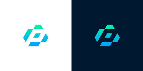 Abstract geometric logo with a modern, clean design featuring a hexagonal-like shape with gradient colors on white and dark backgrounds