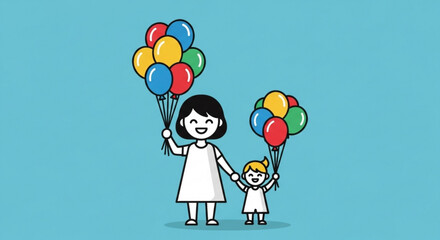 Happy Mother and Child Holding Colorful Balloons on Blue Background
