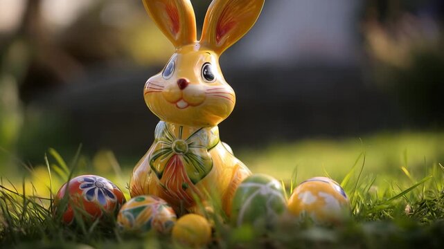 A charming bunny statue and adorned eggs creates a vibrant, celebratory scene within a sunlit, natural environment.