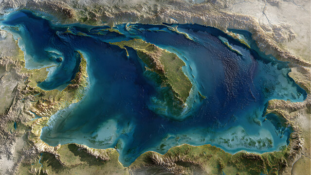 Detailed 3D terrain map of the Mediterranean Sea and surrounding landscape