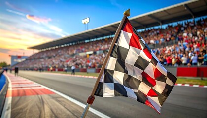 Fototapeta premium A checkered flag waves over a racing track with a crowded grandstand