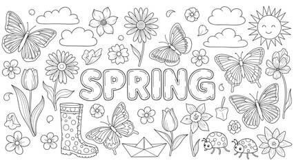 Spring Theme Doodle Art - Butterflies, Flowers, Sun, Clouds, and Rain Boot