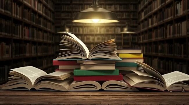 A stack of old hardcover books on a library shelf with worn pages and covers that represent knowledge, learning, and wisdom