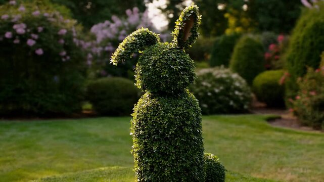 A whimsical topiary shaped like a rabbit in a lush, green garden, a creative display of nature and artistry.