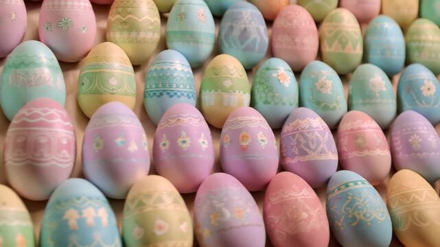 A vibrant collection of pastel-colored eggs, each delicately adorned with intricate patterns, evoking the spirit of spring and celebration of a religious holiday.