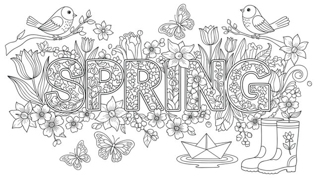 Spring Season Coloring Page: Birds, Butterflies, Flowers, Boots, Paper Boat