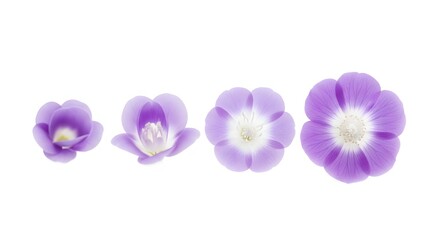 Fototapeta premium Beautiful blue and violet spring set flowers with green leaves isolated on a white background in a macro blossom garden floral nature bloom