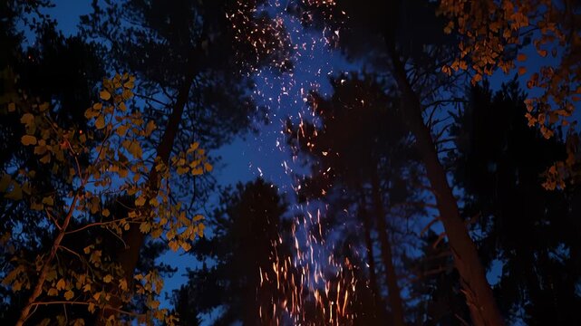 Campfire Burning Brightly in Dark Forest at Night With Sparks Flying Upwards