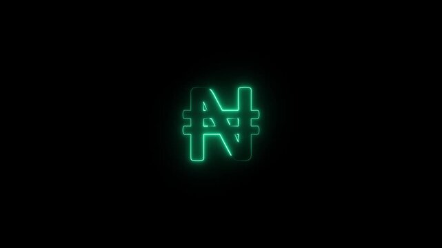 Glowing Neon light Naira Sign Symbol animation on black background. Business and finance conceptual neon light Naira icon animation.