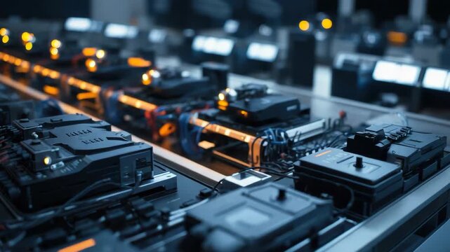 Futuristic electronic circuit board module with glowing status lights, wires and connectors evoking