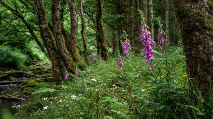 Fototapeta premium Serene Forest Scene with Wildflowers and Stream in Green Landscape