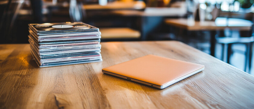 Stack of plastic-wrapped music discs and a closed orange-covered laptop on a wooden table, with a blurred cafe background