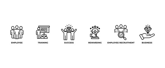 HRM banner web icon vector illustration concept of human resource management with icon of strategic objectives, employee, training, employee recruitment, rewarding, business value, and success