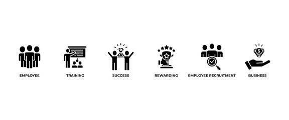 HRM banner web icon vector illustration concept of human resource management with icon of strategic objectives, employee, training, employee recruitment, rewarding, business value, and success