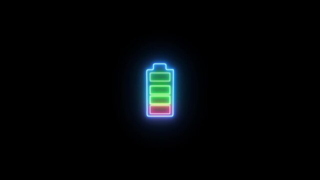 Neon battery fast charging animation. Shiny flash animated battery icon on black background.