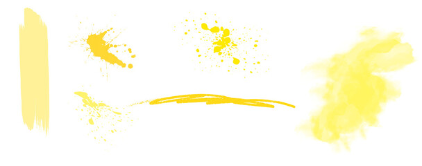 Fototapeta premium Yellow watercolor brush strokes, paint splatters, and ink stains vector illustration isolated PNG with Transparent Background