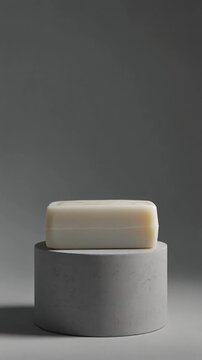 Monochromatic Soap Bar on Pedestal. Neo-Minimalism & Quiet Luxury Product Mockups. A perfectly rectangular unbranded artisanal soap bar placed on a short cylindrical monochromatic concrete pedestal.
