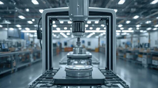 High tech industrial robot arm assembling precision assembly metal component factory floor with