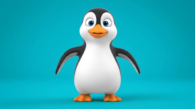 Smiling penguin stands in cartoon rendering against blue. Cute, comic, children's style. Antarctica animal.  Cheerful, funny, happy, animated 3D.