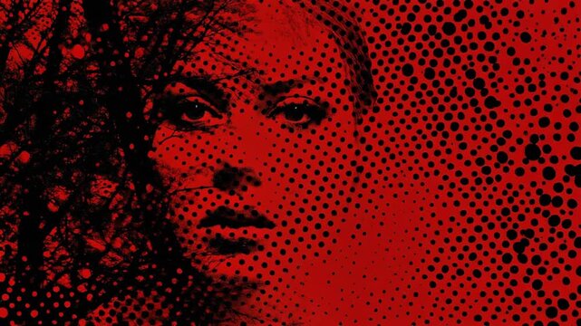 A woman's face with a stipple texture effect in a dark and moody red-toned close-up portrait.