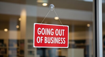 A red sign with white letters hangs on a storefront window indicating going out of business sale