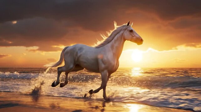 A majestic white horse galloping along the beach at sunset with waves crashing against its legs and a dramatic sky