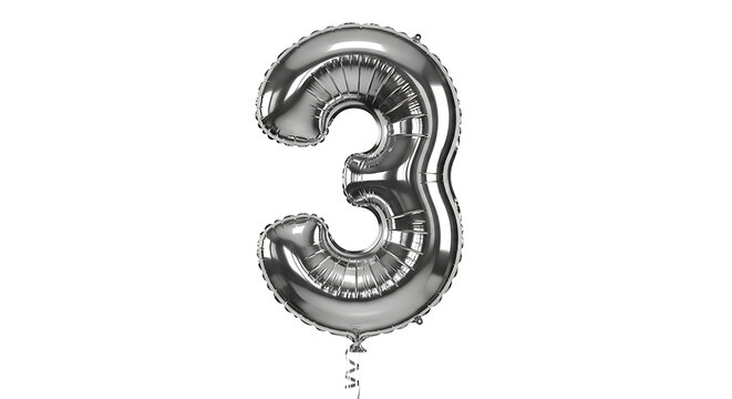 a shimmering silver number 3 foil balloon isolated on a white background perfect for celebrating third birthdays anniversaries or special events.