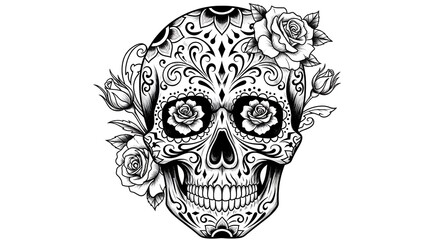 Floral Sugar Skull Detailed Line Illustration