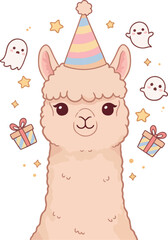 Obraz premium Cute Llama Birthday Party Icon with Ghosts and Gifts in Pastel Colors