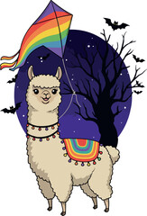 Obraz premium Cute Llama Flying Rainbow Kite At Night With Bats And Tree