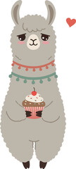 Obraz premium Cute Llama Holding a Cupcake Vector Illustration Isolated Object