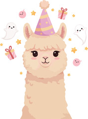 Obraz premium Cute Llama Birthday Party With Ghosts Gifts Stars Vector Illustration