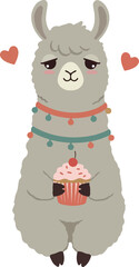 Obraz premium Cute Llama Holding Cupcake With Hearts Adorable Pet Vector Art
