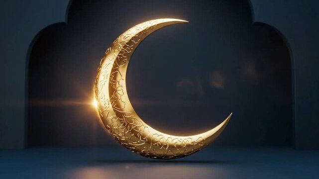 Islamic background with golden crescent moon on dark blue background. Ramadan concept