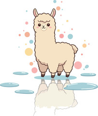 Obraz premium Cute Pixel Alpaca Standing on Water Puddles With Soft Pastel Circles