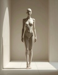 _An asymmetrical human-like structure,_one side incomplete by design,_muted tones, fla