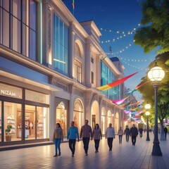 Obraz premium Vibrant city street at night with people walking along shops
